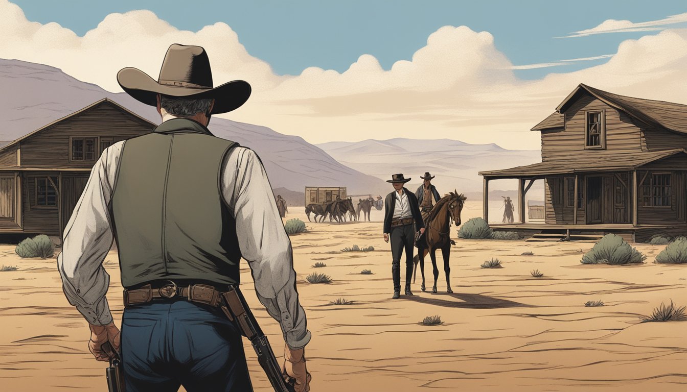 A showdown in a dusty western town, with John Dutton standing tall in front of his ranch and William Blake emerging from the shadows with his gun drawn