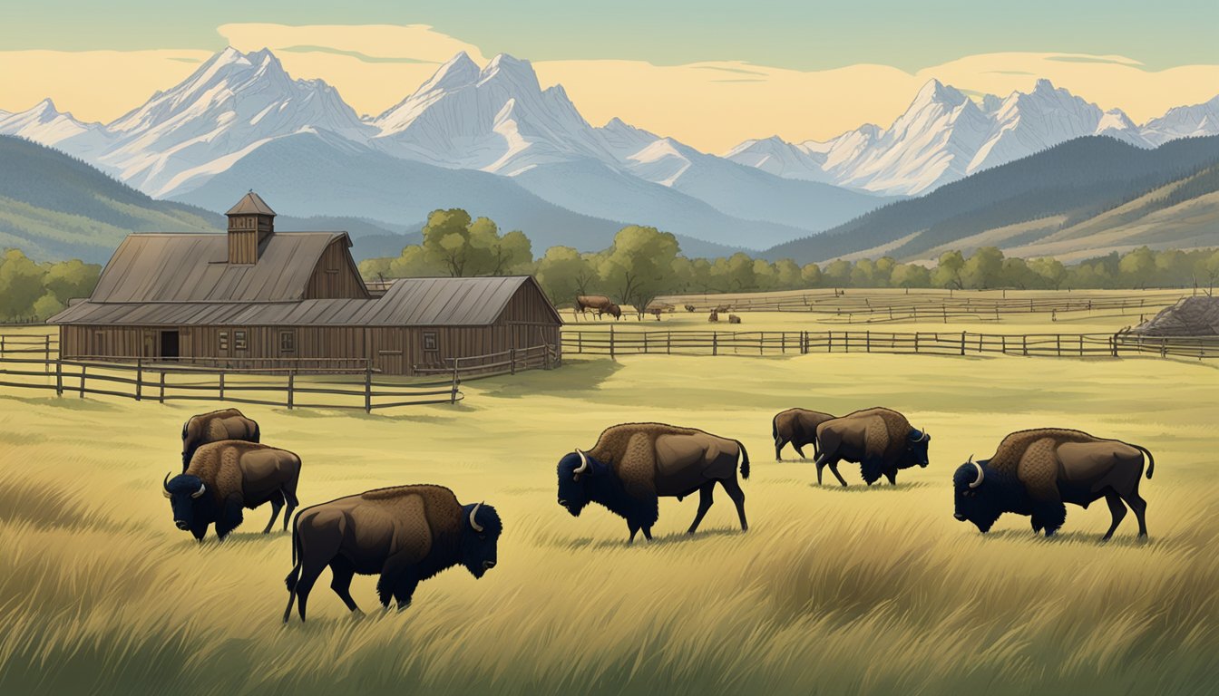 A sprawling ranch with grazing bison and towering mountains in the background