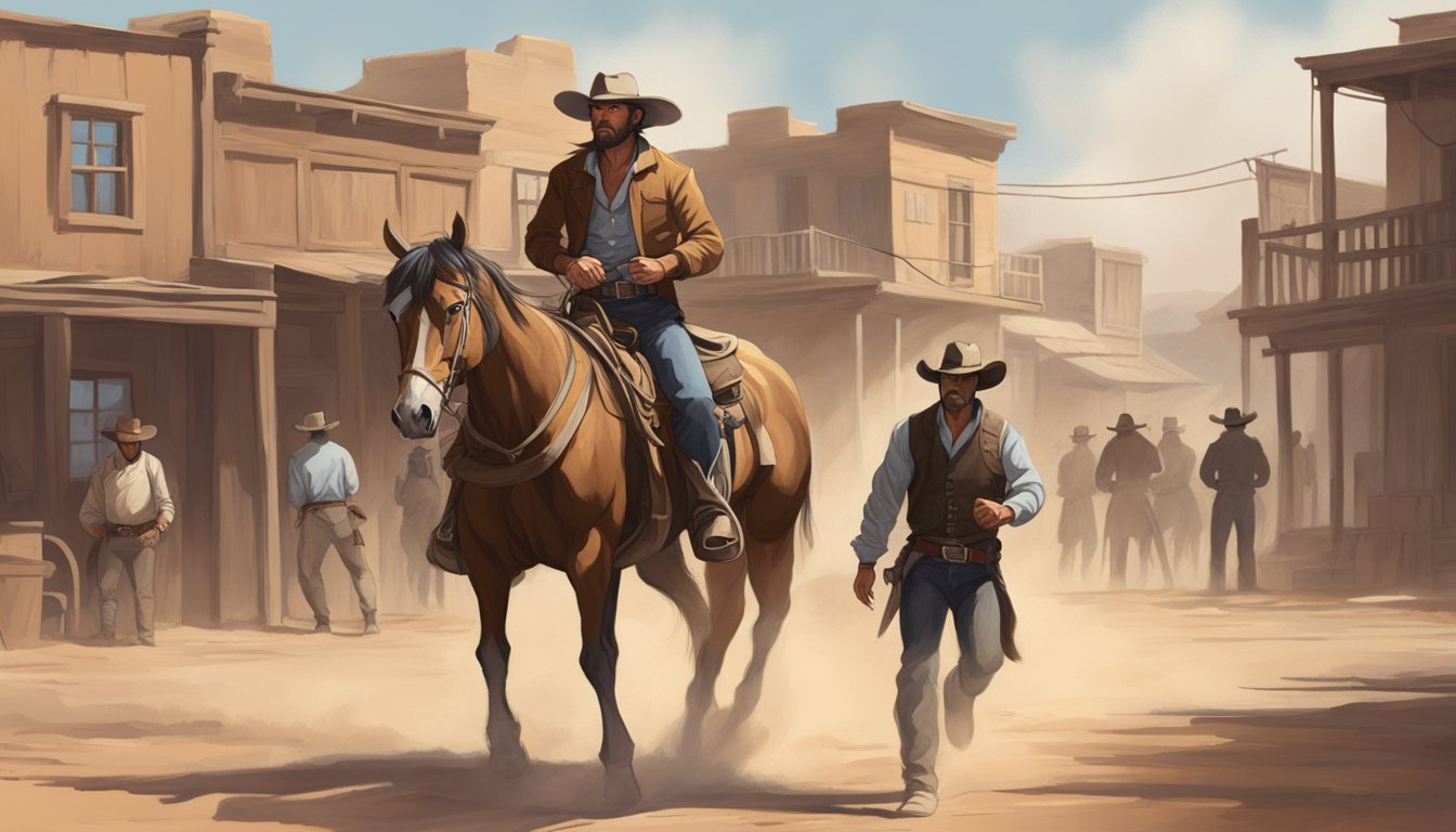 A rugged cowboy on horseback confronts a determined martial artist in a dusty western town