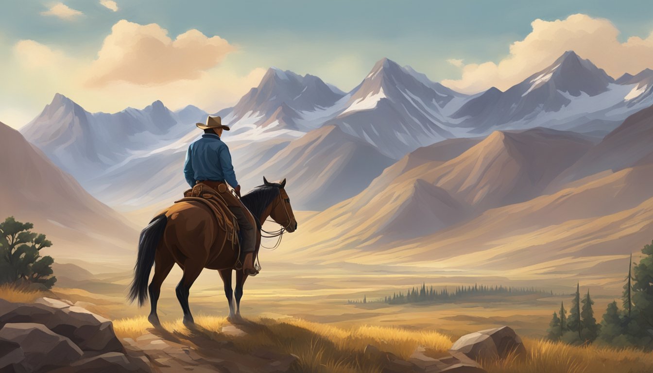 A rugged cowboy on horseback surveys a vast, untamed landscape, with a dramatic mountain range in the background