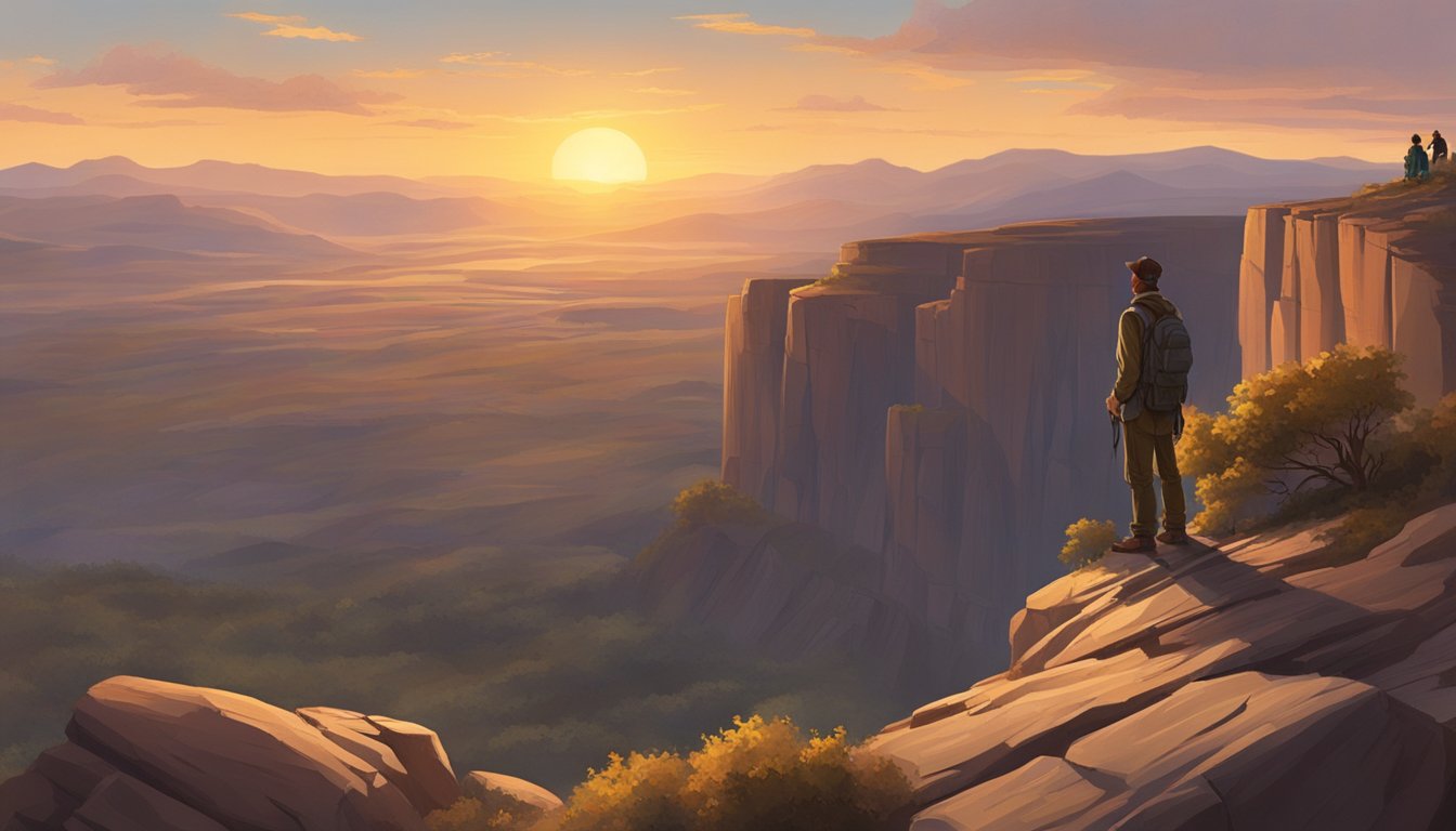 A lone figure stands atop a rugged cliff, surveying the vast expanse of a western landscape. The sun sets behind them, casting a warm glow over the rugged terrain