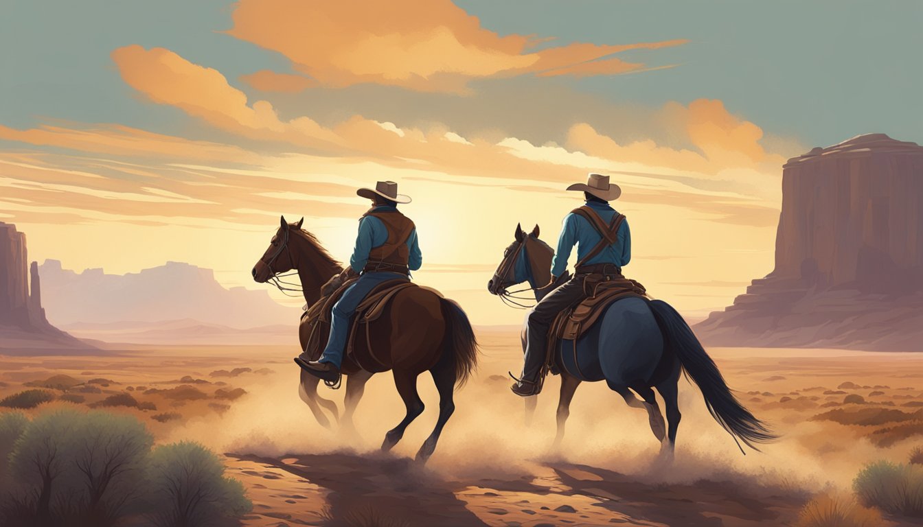 A tense standoff between two rugged cowboys on horseback, surrounded by a vast, untamed Western landscape