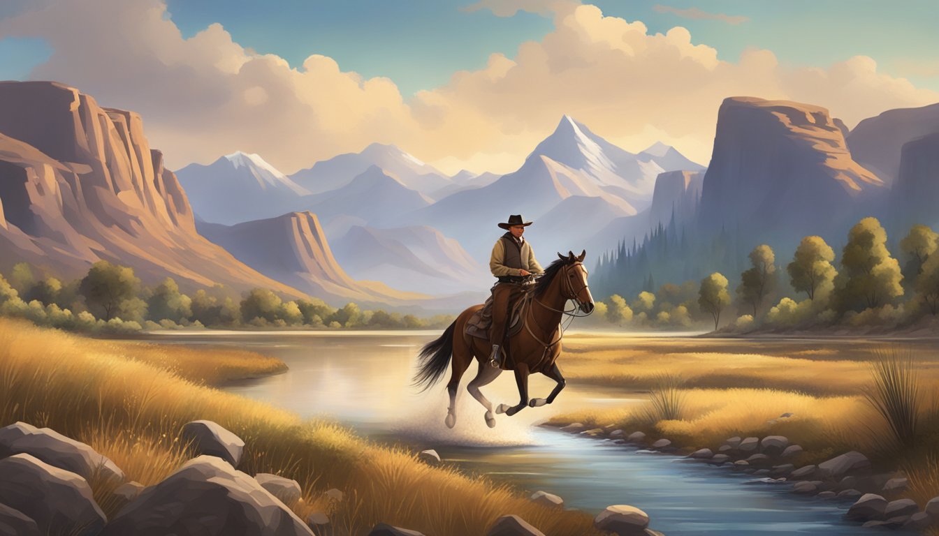 A cowboy riding a horse through a scenic western landscape with mountains and a river in the background