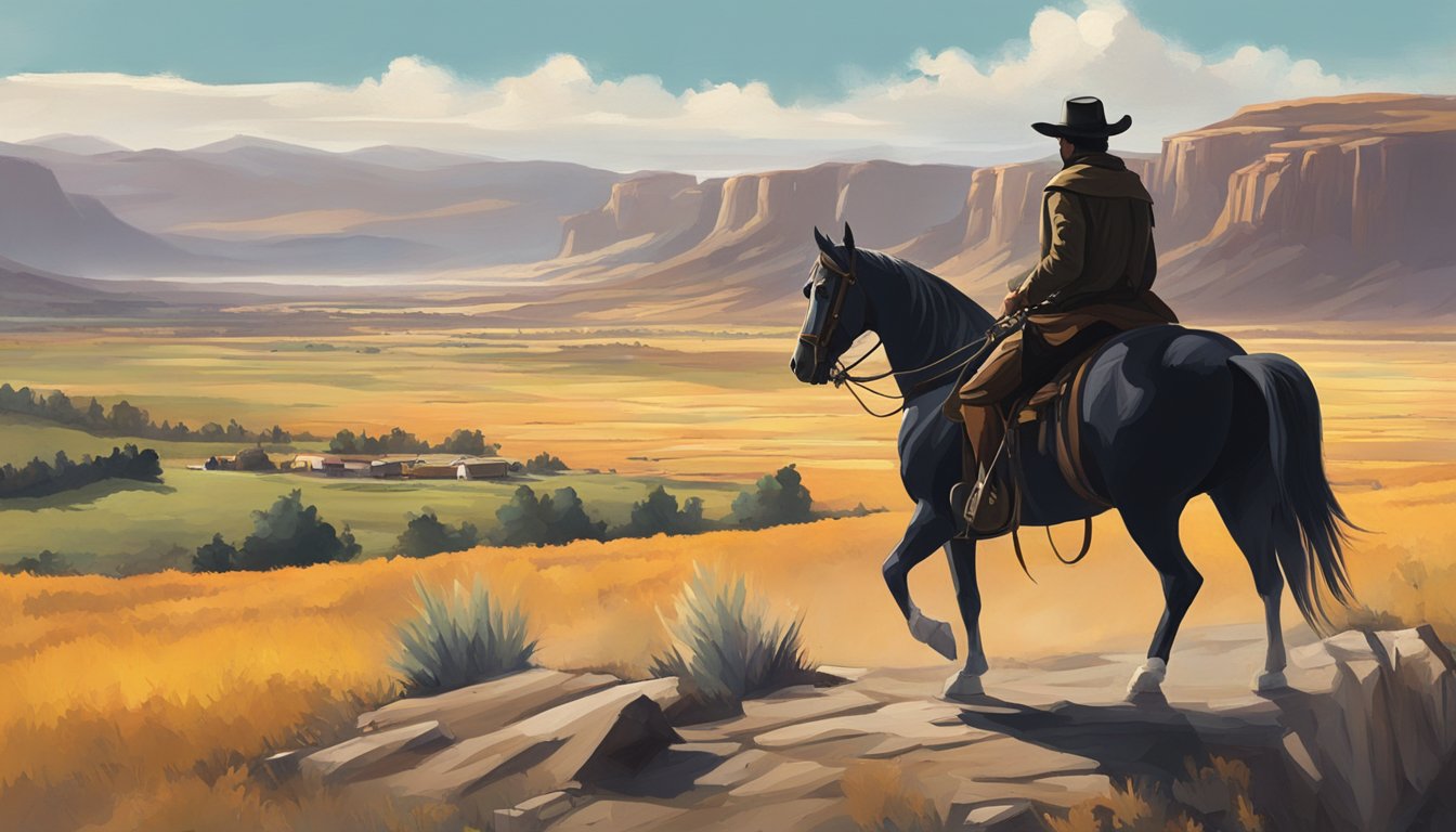 A lone figure on horseback stands against a dramatic western landscape, with a sprawling ranch in the background and a masked hero in the foreground