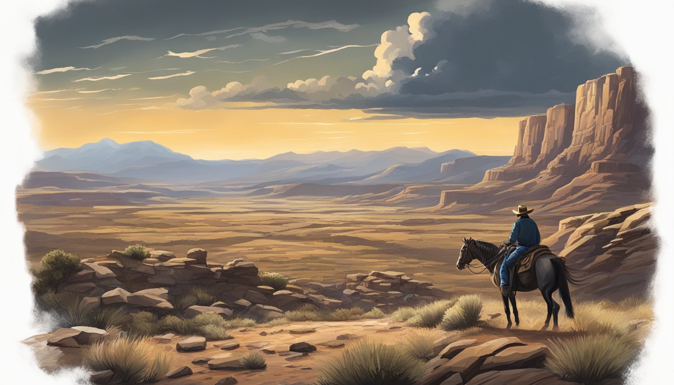 A lone figure on horseback rides through a rugged western landscape, with a dramatic sky overhead