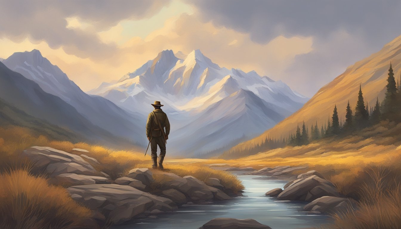 A lone figure stands in the rugged wilderness, a majestic mountain range in the background. The figure exudes confidence and strength, embodying the essence of a Western hero