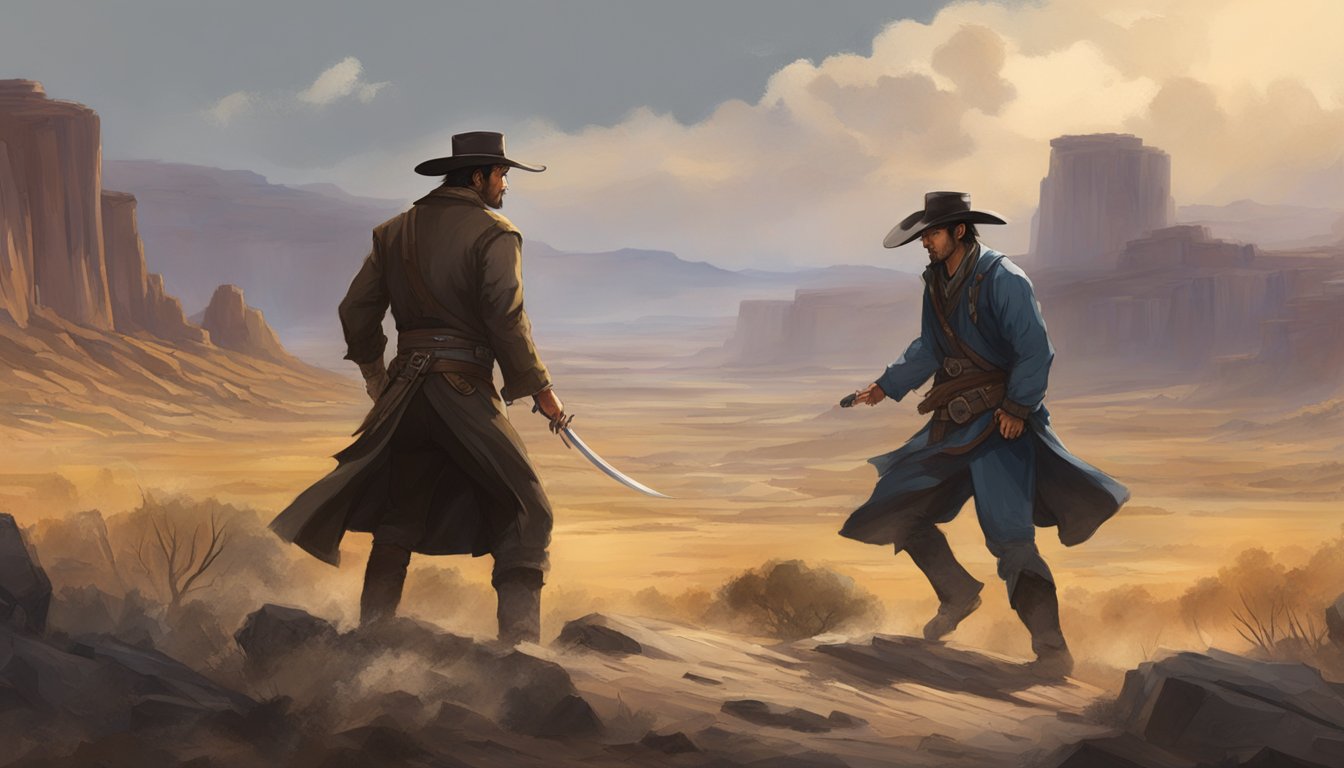 A dramatic showdown in a rugged western landscape, with John Dutton and Chon Wang facing off in a tense and intense confrontation