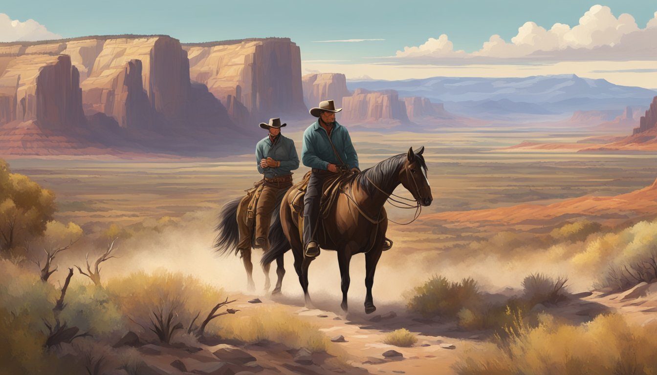 A tense standoff between two rugged men on horseback, surrounded by the vast, untamed landscape of the American West