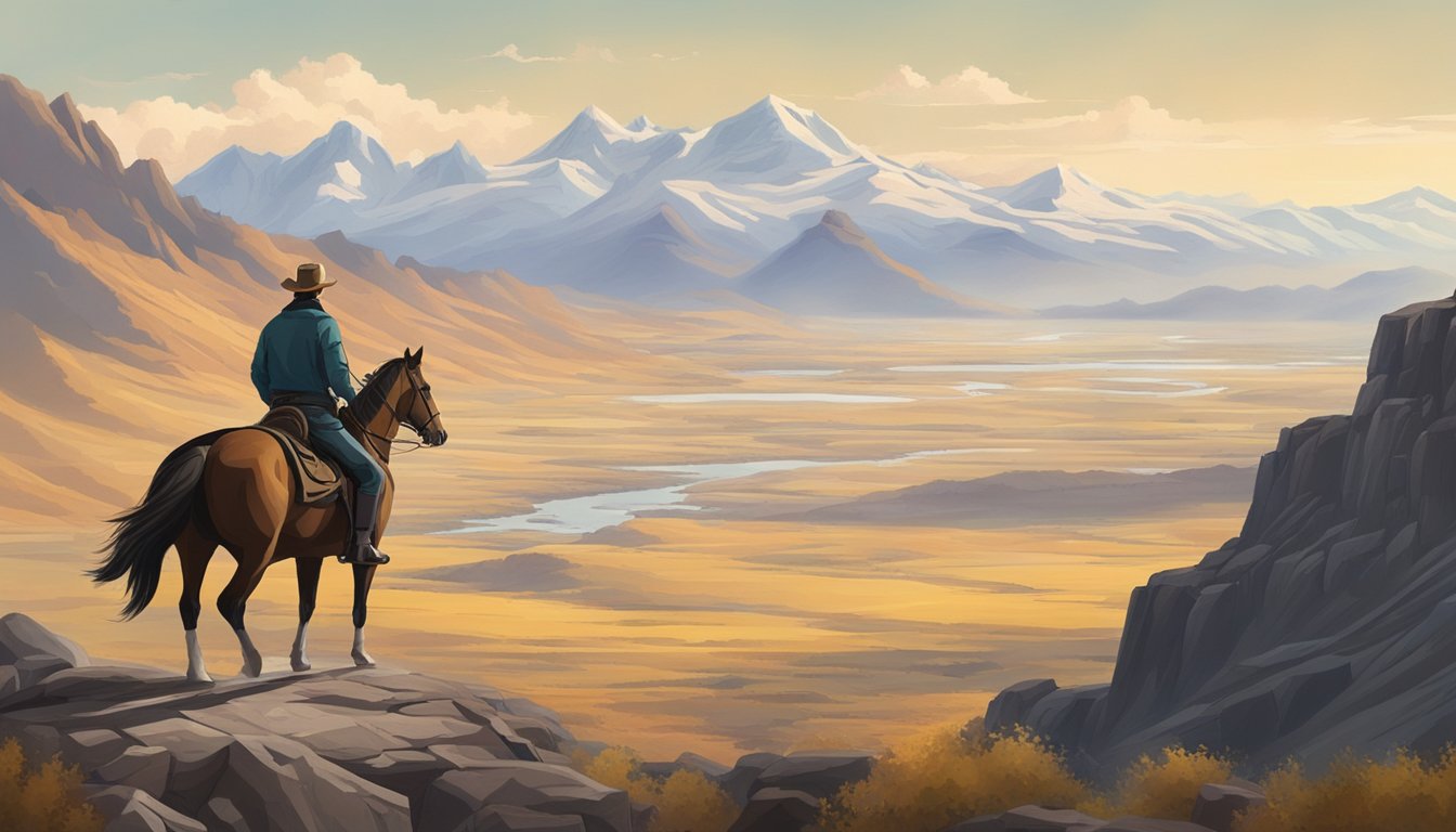 A lone figure on horseback surveys a vast, rugged landscape, with mountains in the distance and a sense of determination in the air