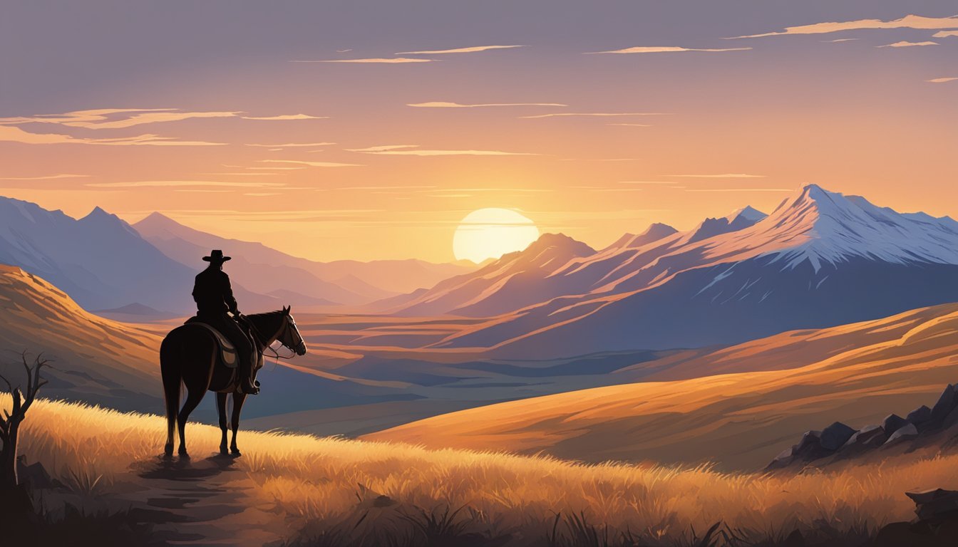 A lone figure on horseback surveys a vast, rugged landscape at sunset, with a dramatic mountain range in the background