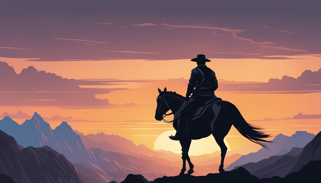 A lone figure on horseback stands silhouetted against a dramatic sunset, with rugged mountains in the background and a sense of determination in the air