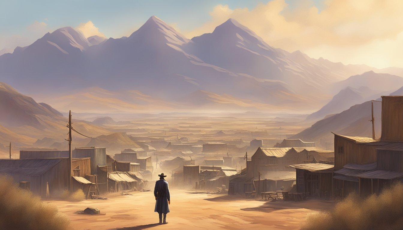 A lone figure stands in the center of a dusty, sun-drenched western town, surrounded by rugged mountains and vast open plains