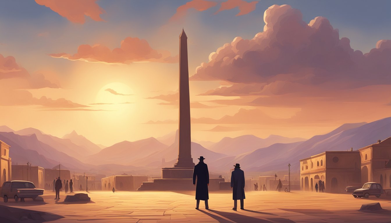 A tense showdown in a dusty, sun-drenched town square, with a lone figure standing tall against the backdrop of rugged mountains and a dramatic sunset