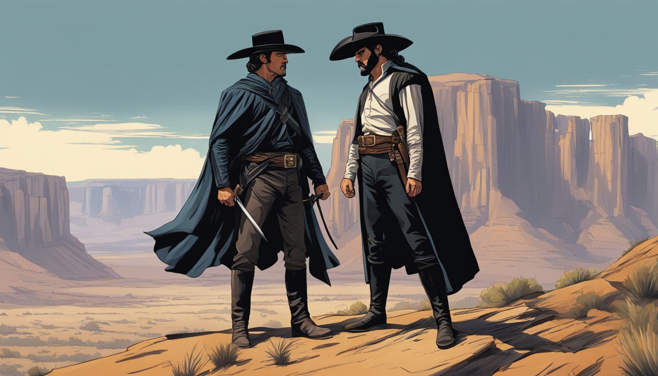 A dramatic showdown in a rugged western landscape, with John Dutton and Zorro facing off in a tense confrontation