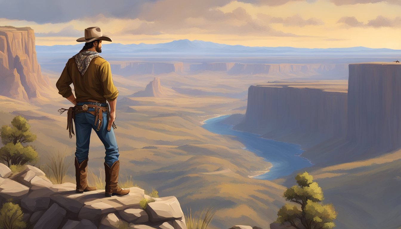 A rugged cowboy standing tall on a cliff overlooking a vast, untamed western landscape