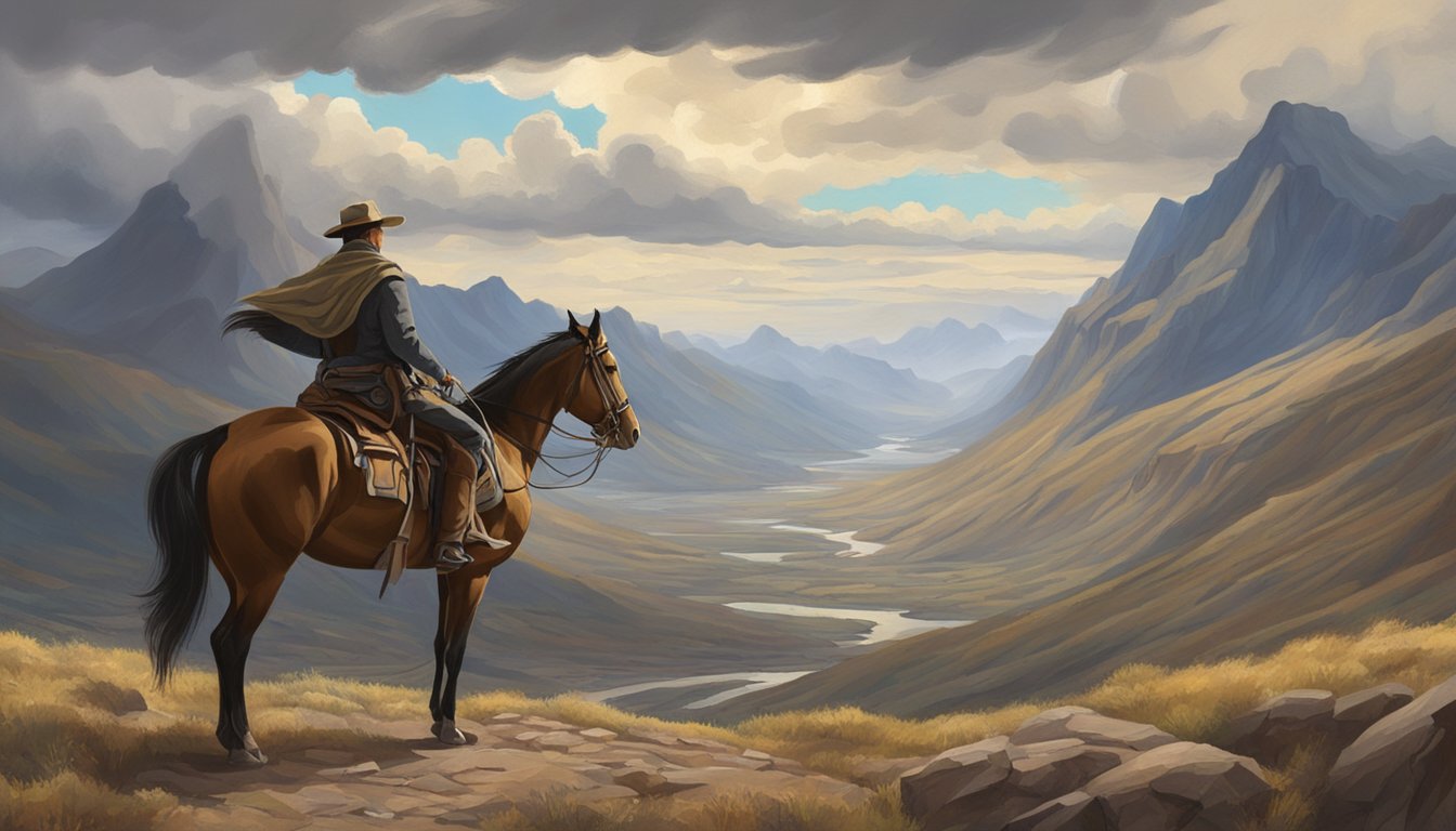 A lone figure on horseback surveys a vast, rugged landscape, with mountains in the distance and a dramatic sky overhead