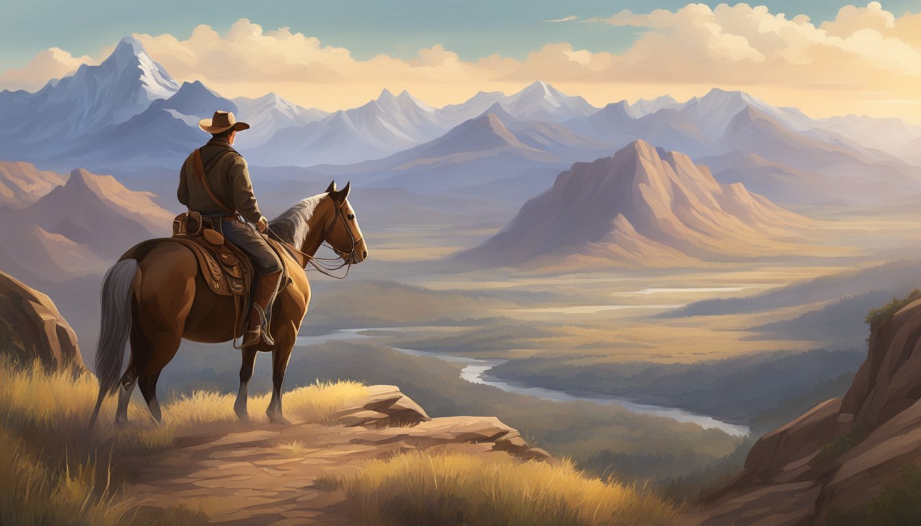 A rugged cowboy on horseback overlooks a vast, untamed landscape, with a majestic mountain range in the distance