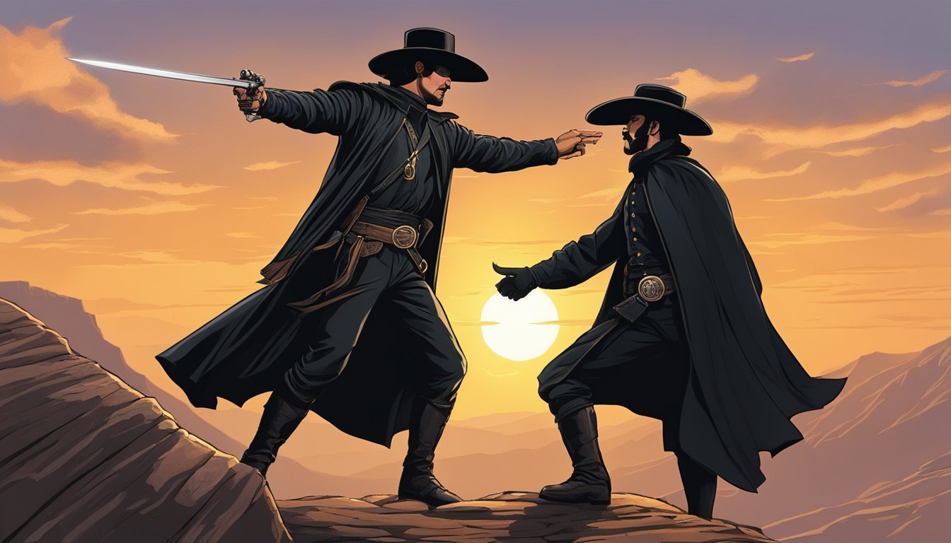 A dramatic standoff between John Dutton and Zorro atop a rugged cliff, with the sun setting behind them, symbolizing the clash of old and new Western ideals