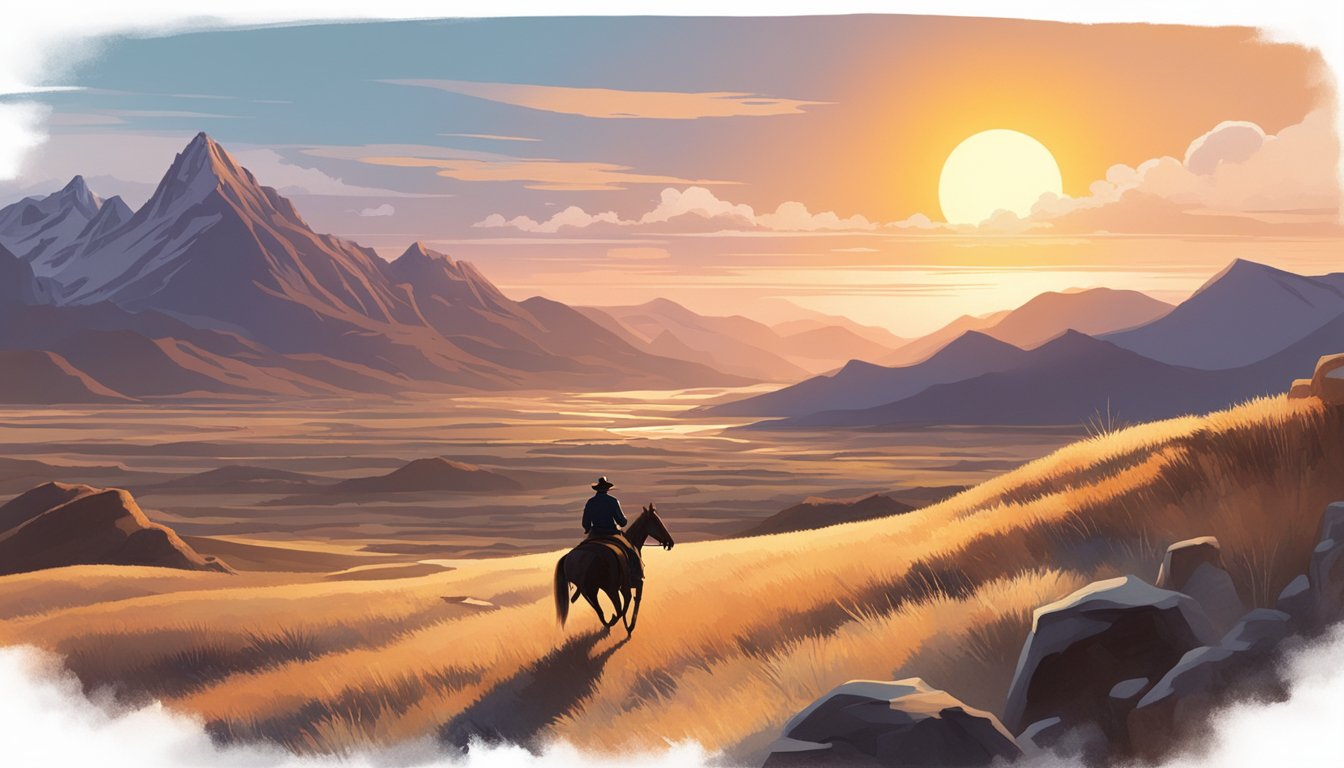 A lone figure on horseback surveys the vast, rugged landscape, with mountains looming in the distance. The sun sets behind them, casting a warm glow over the scene