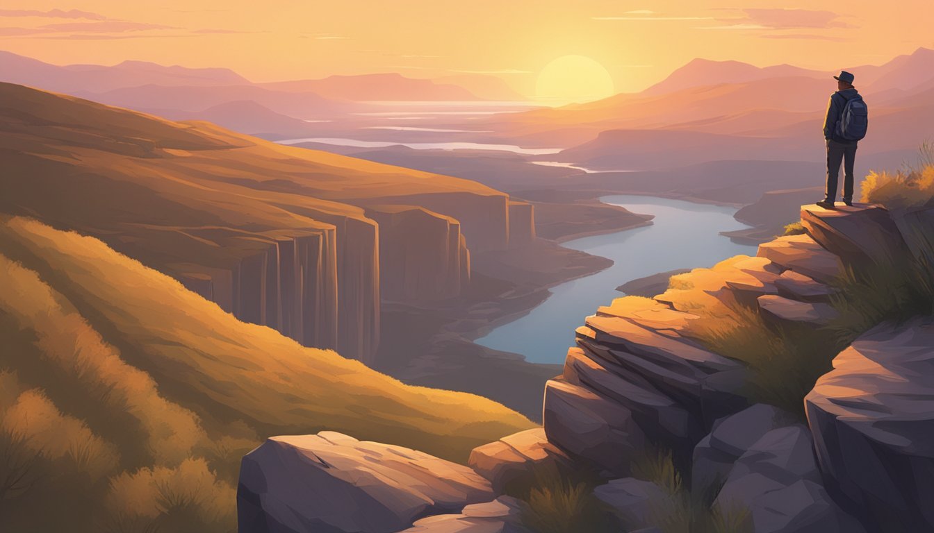 A lone figure stands on a cliff overlooking a vast, rugged landscape. The sun sets behind them, casting a warm glow over the scene