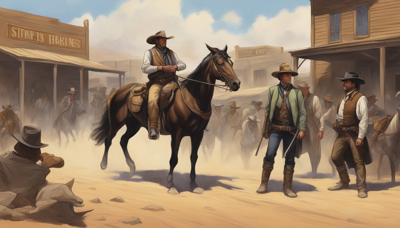 A showdown in a dusty western town, with John Dutton and John Reid facing off in a tense standoff, their loyal companions by their sides