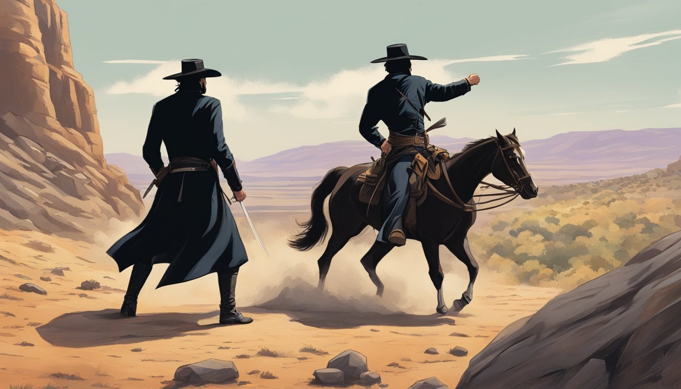 A dramatic showdown between John Dutton and Zorro in a rugged Western landscape, with the two figures facing off in a tense and intense confrontation