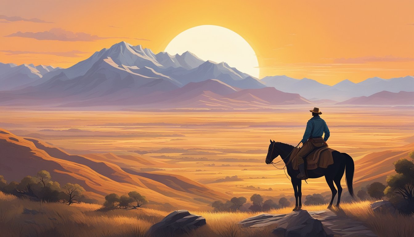 A lone figure on horseback surveys a vast, rugged landscape dotted with towering mountains and sprawling plains. The sun sets behind them, casting a warm, golden glow over the untamed wilderness