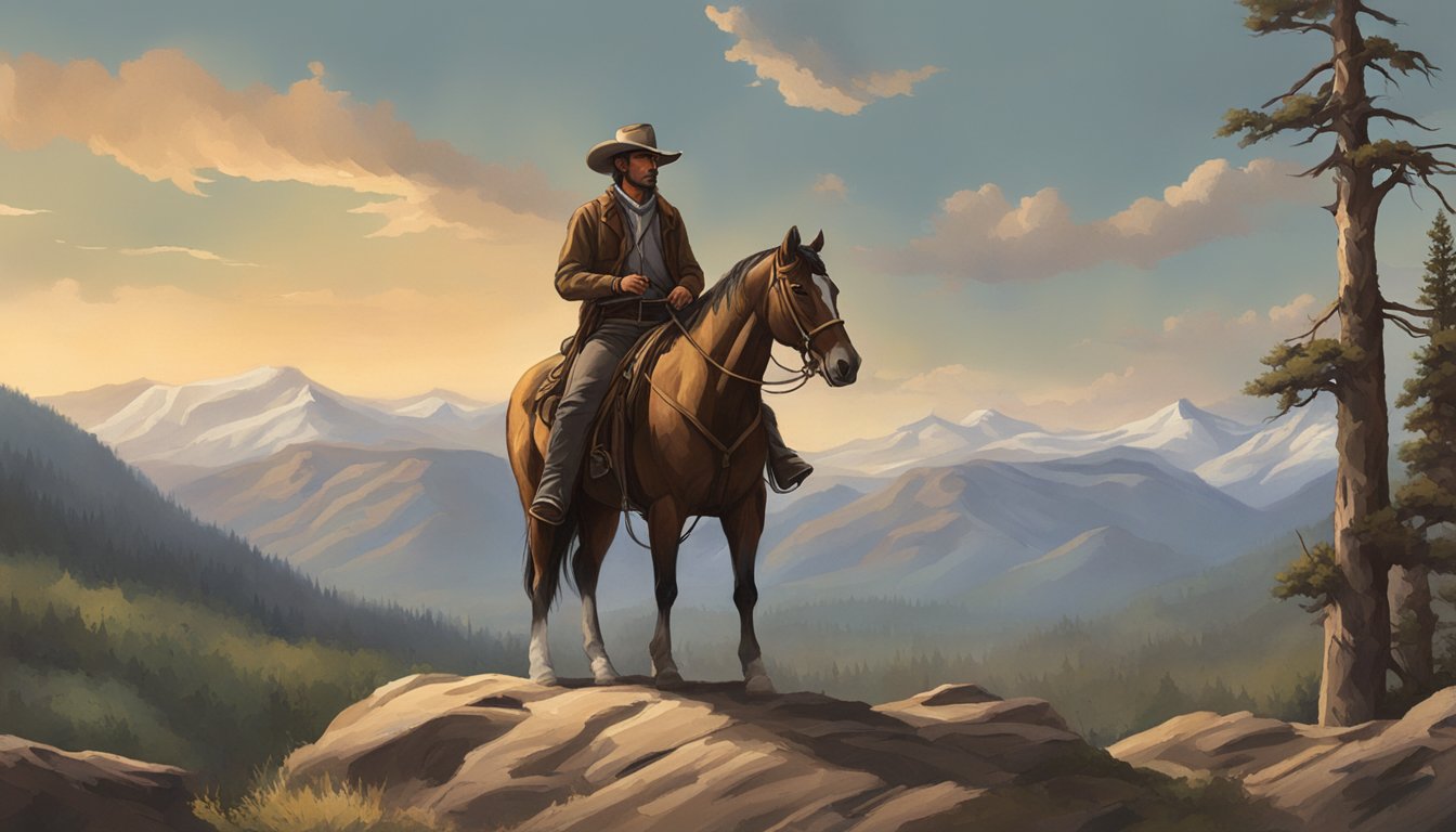 A lone figure on horseback stands tall against a backdrop of rugged, untamed wilderness, embodying the spirit of the American frontier