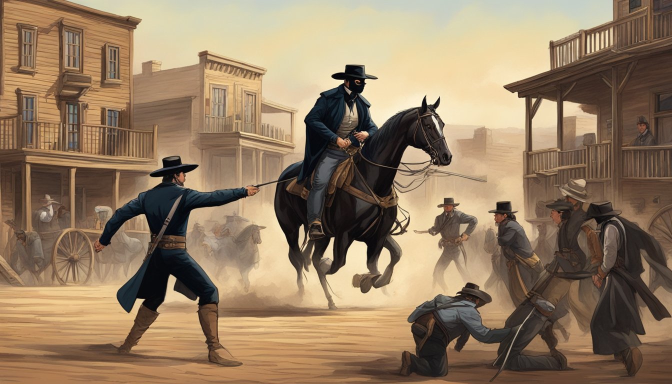 A dramatic showdown in an Old West town, with John Dutton and Zorro facing off in a tense confrontation