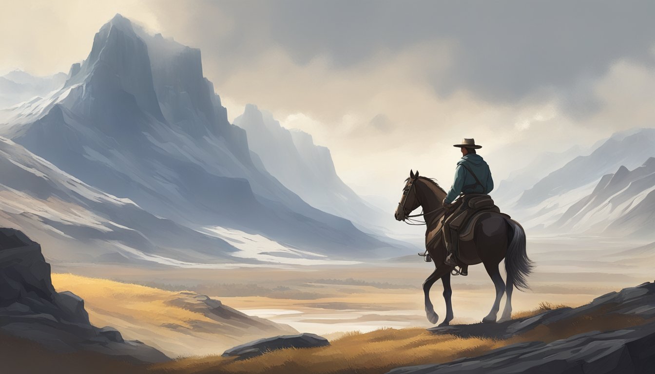 A lone figure on horseback, rugged terrain in the background, with a sense of determination and strength radiating from the character