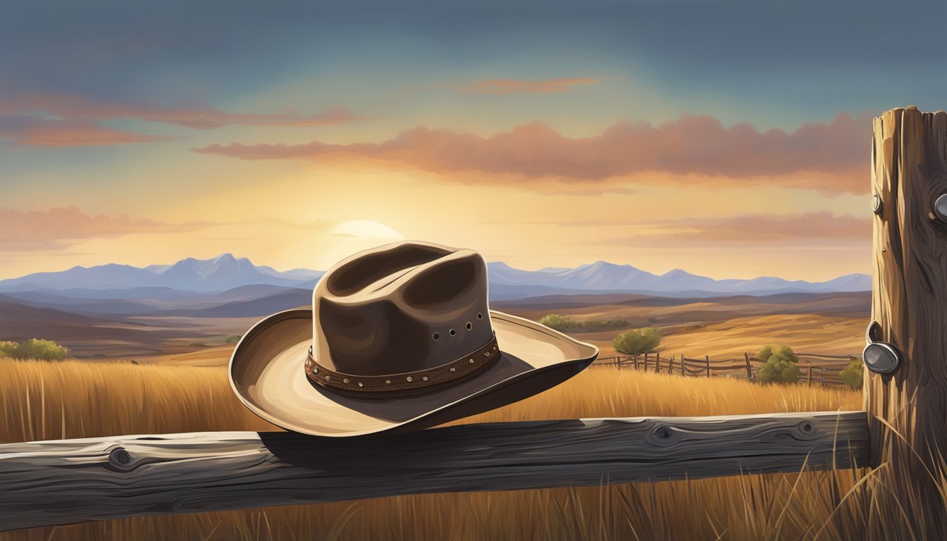 A rugged cowboy hat rests on a weathered fence post, surrounded by the untamed beauty of the Western landscape