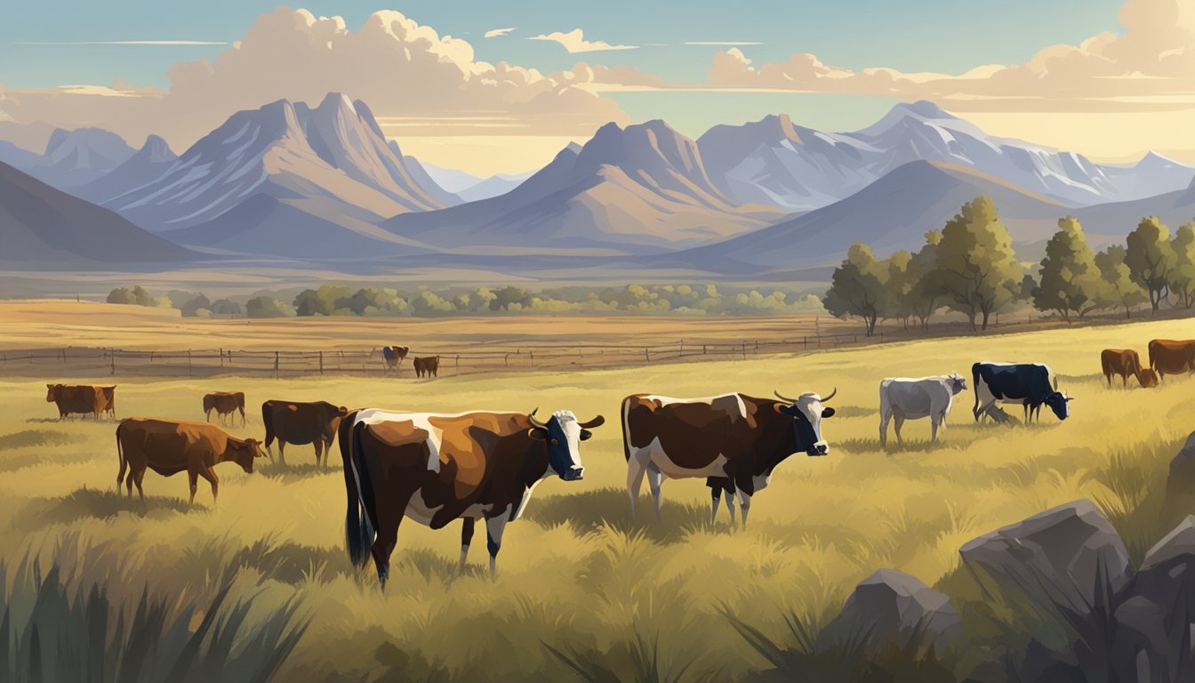 An expansive western landscape with a rugged mountain range in the background, a sprawling ranch with cattle grazing in the foreground