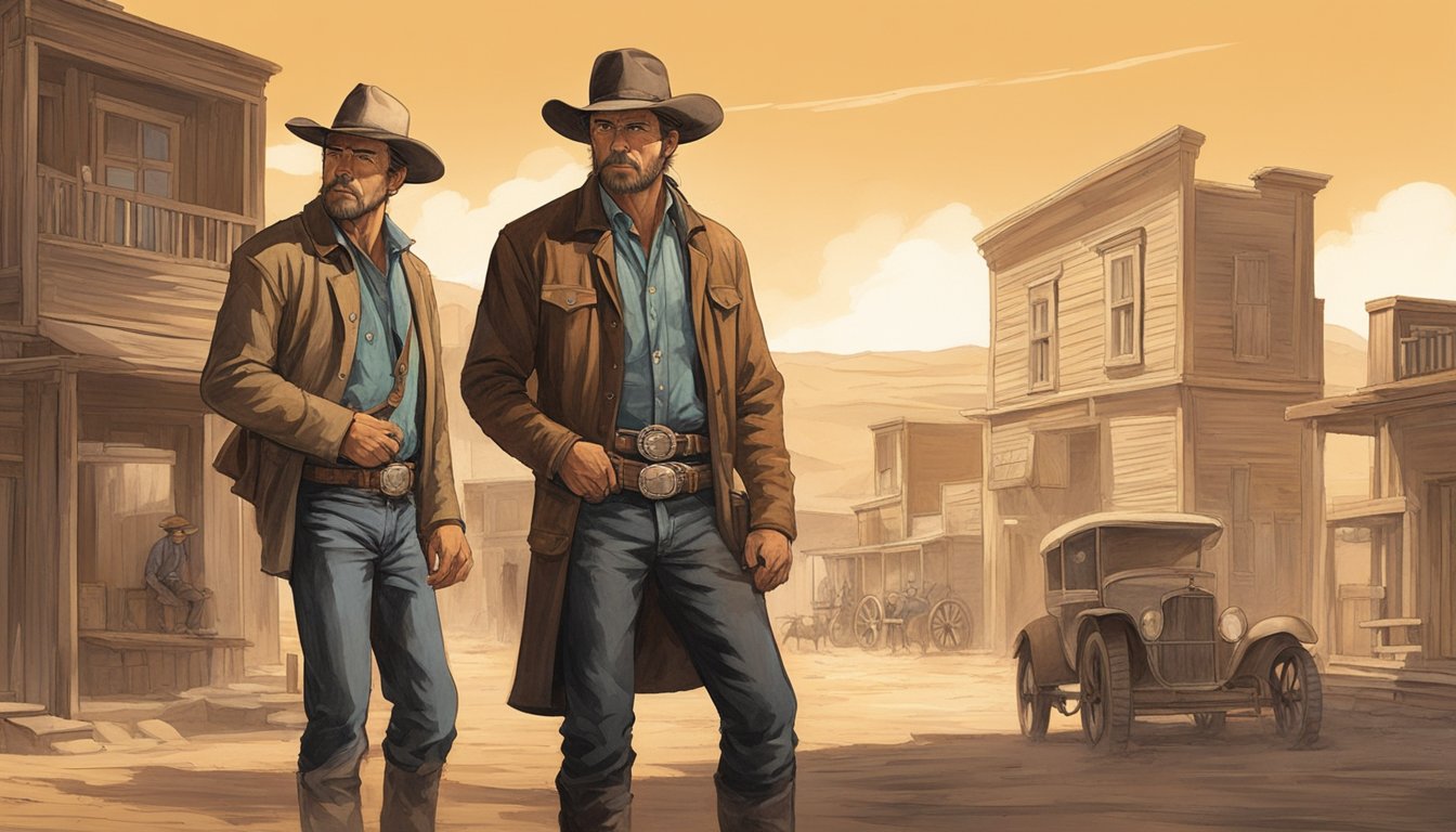 A tense standoff between two rugged cowboys in a dusty, sun-drenched western town. The imposing figure of John Dutton faces off against the enigmatic Jake Lonergan, creating a palpable sense of anticipation