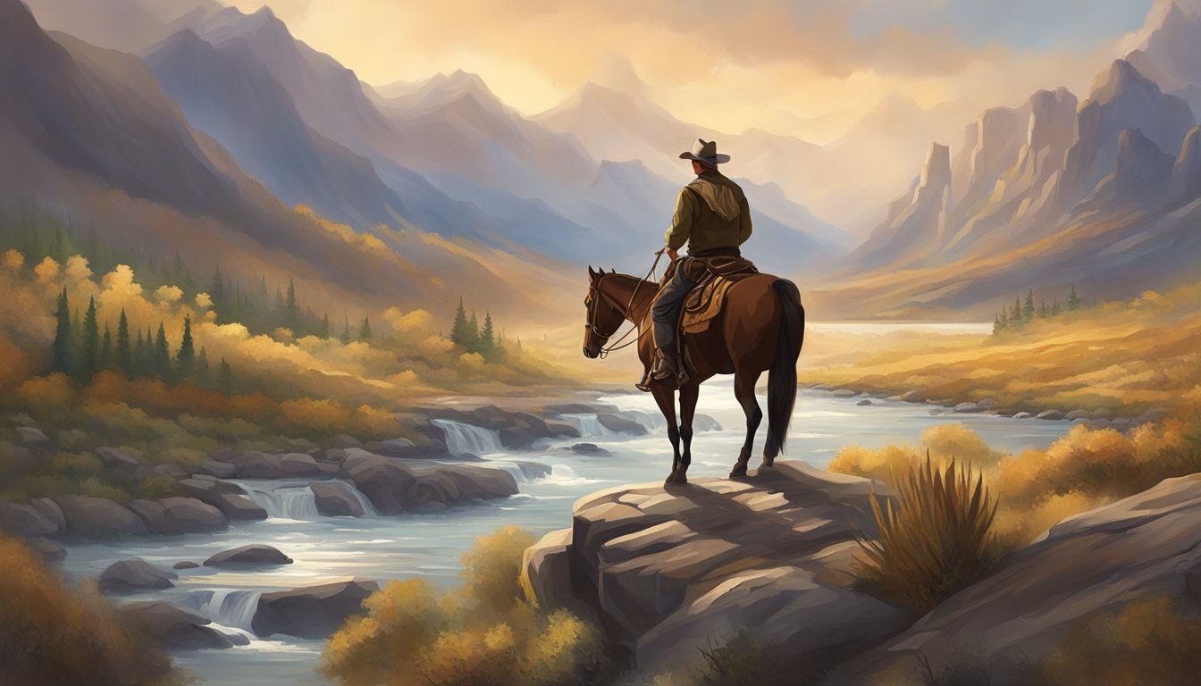 A rugged cowboy on horseback overlooks a vast, untamed landscape with mountains and a flowing river