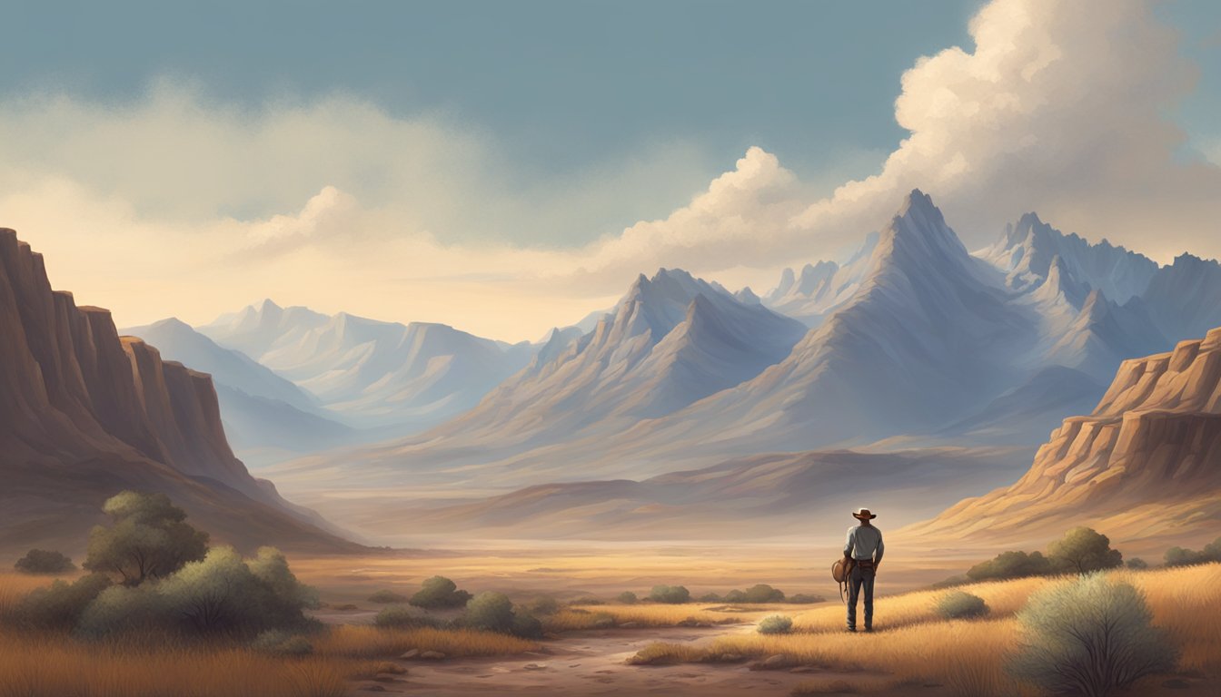 A lone cowboy stands tall on a rugged landscape, surrounded by towering mountains and a vast open sky