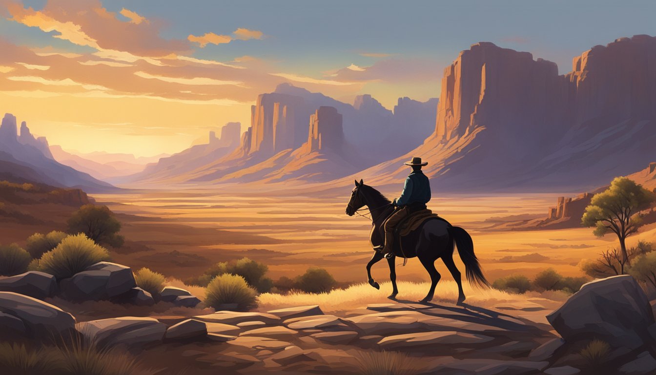 A lone figure on horseback stands tall against a rugged western landscape, with a dramatic sunset casting long shadows over the rugged terrain