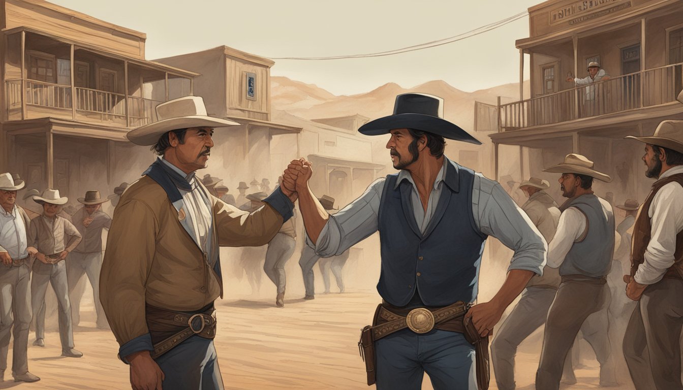 A tense showdown between John Dutton and Guerrero Hernandez in a dusty western town, with loyal fans on both sides cheering them on