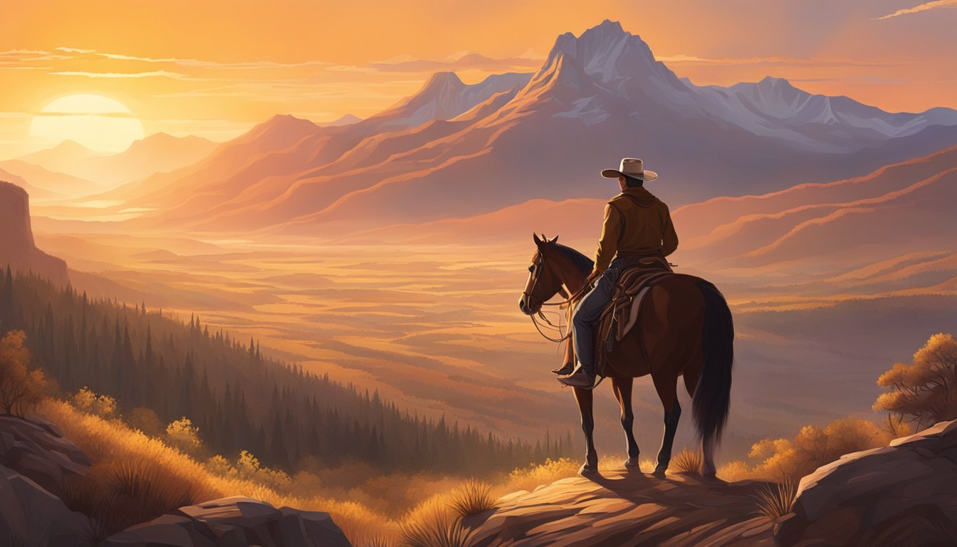 A rugged cowboy on horseback overlooks a vast, mountainous landscape. The setting sun casts a warm glow on the scene, creating a dramatic and awe-inspiring atmosphere