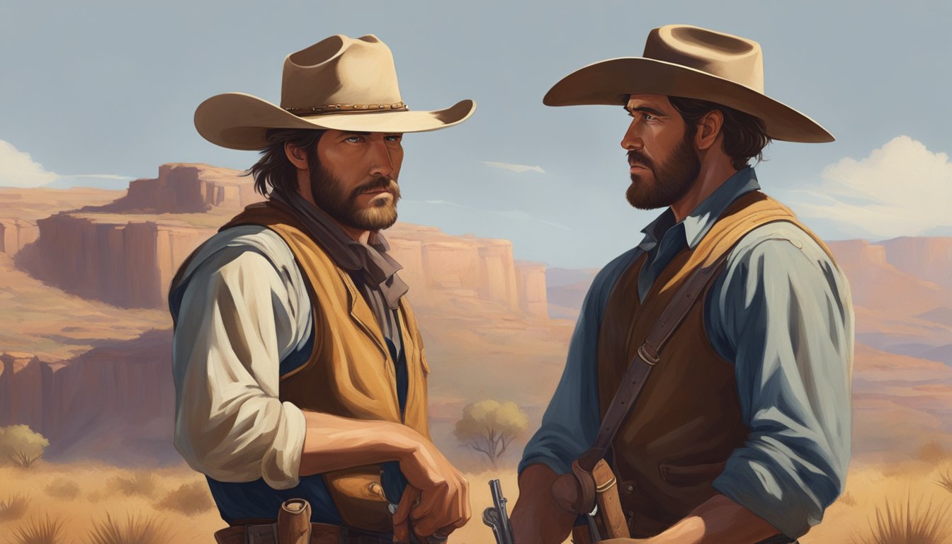 A tense standoff between two rugged cowboys, their eyes locked in a silent battle of wills, surrounded by the vast, untamed wilderness of the American West