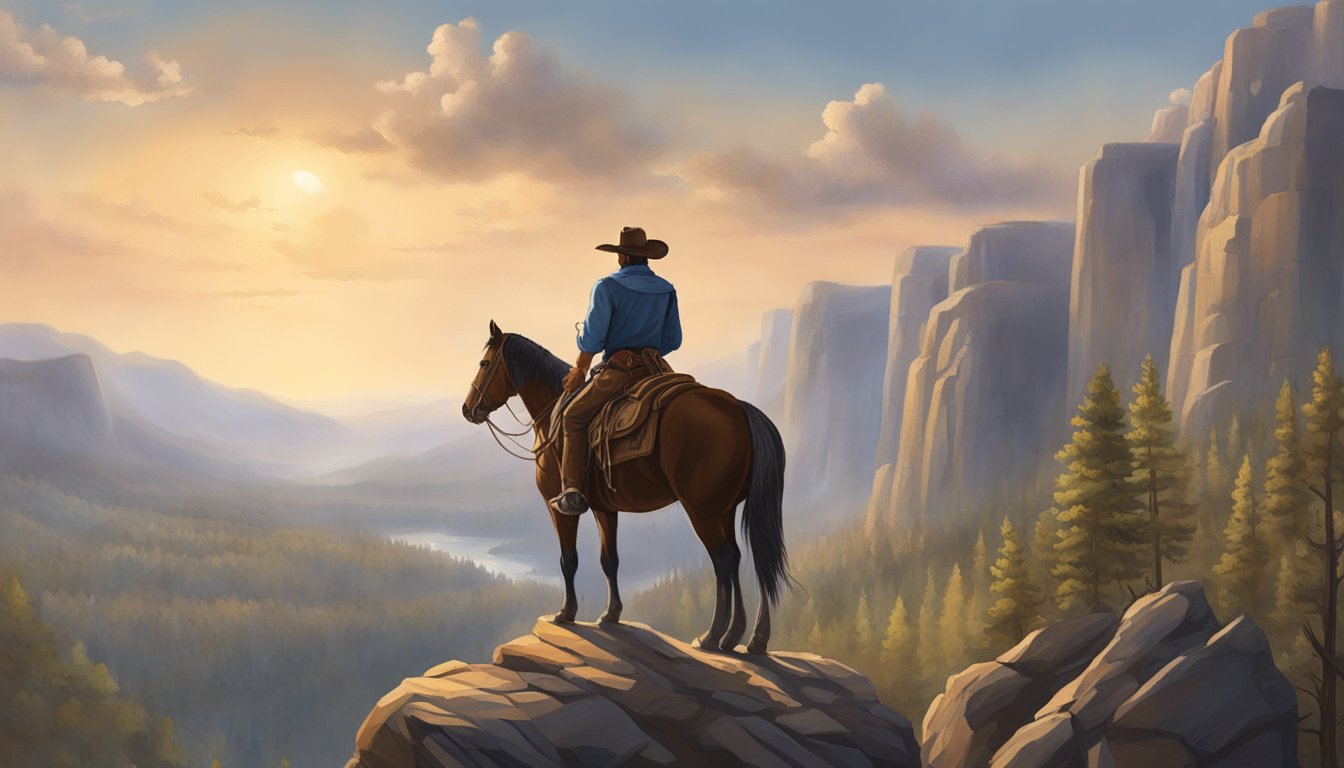 A rugged cowboy stands atop a cliff, surveying a vast, untamed wilderness. His loyal horse stands beside him, as he prepares to face the challenges ahead