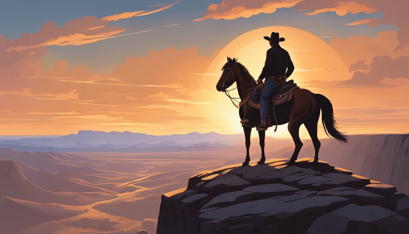 A lone cowboy stands atop a cliff overlooking a vast, rugged landscape, with a dramatic sunset casting long shadows across the land