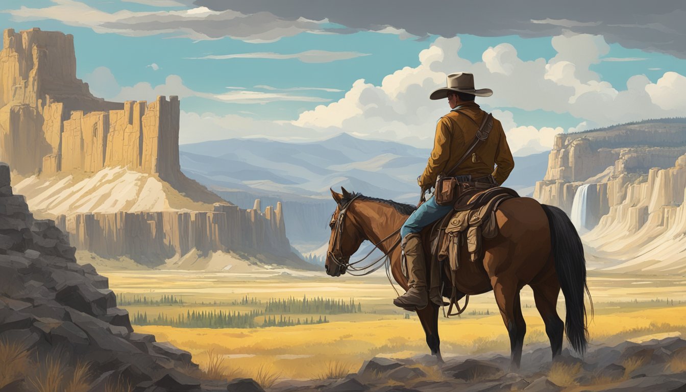 A rugged cowboy on horseback surveys the vast, untamed landscape of Yellowstone, while a stoic gunslinger stands amidst the crumbling ruins of an ancient tomb