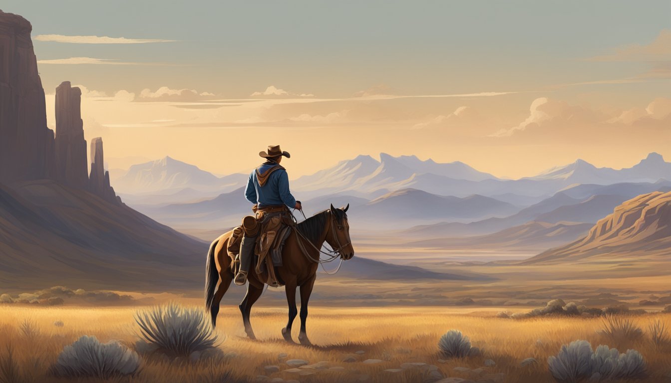 A rugged cowboy on horseback surveys vast open plains with rugged mountains in the background