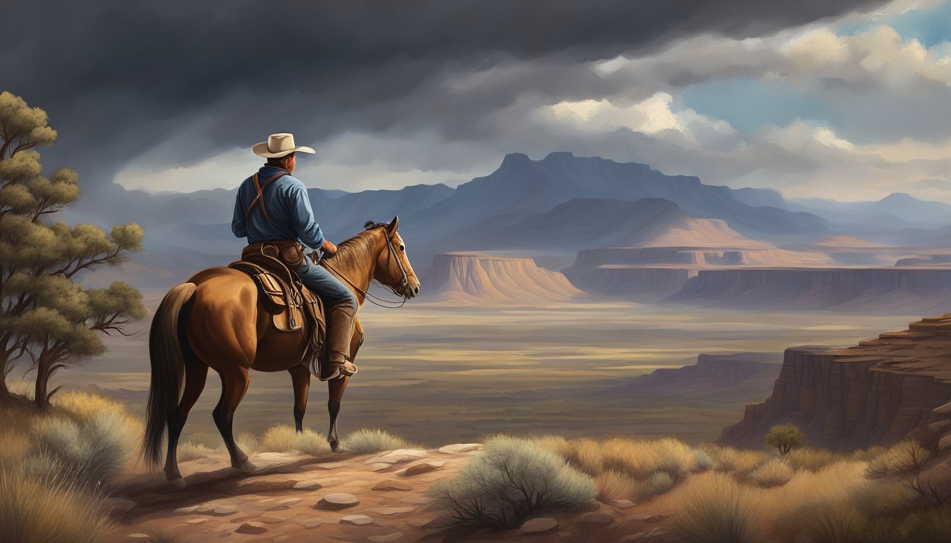 A rugged cowboy on horseback surveys the vast, rugged landscape of the American West, with mountains in the distance and a storm brewing overhead