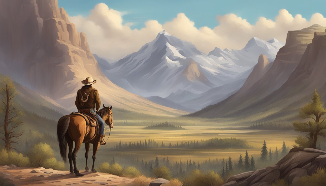 A rugged cowboy stands alone in a vast, untamed wilderness, surrounded by towering mountains and a sprawling, rugged landscape