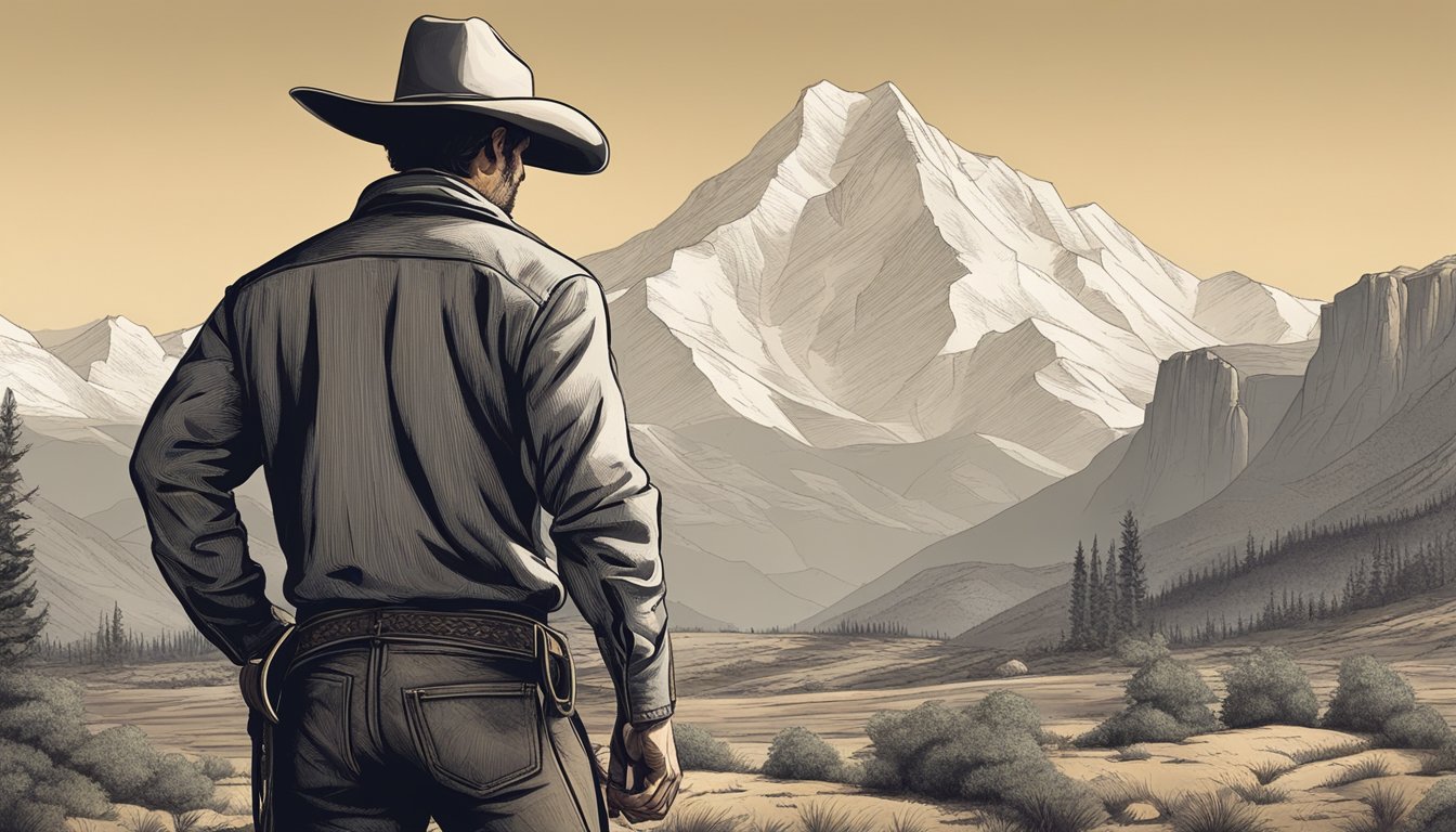 A lone cowboy stands in a rugged landscape, with a majestic mountain range in the background. His weathered face and determined expression convey strength and resilience