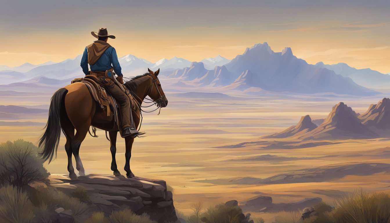 A rugged cowboy on horseback, overlooking a vast, rugged landscape with mountains and open plains