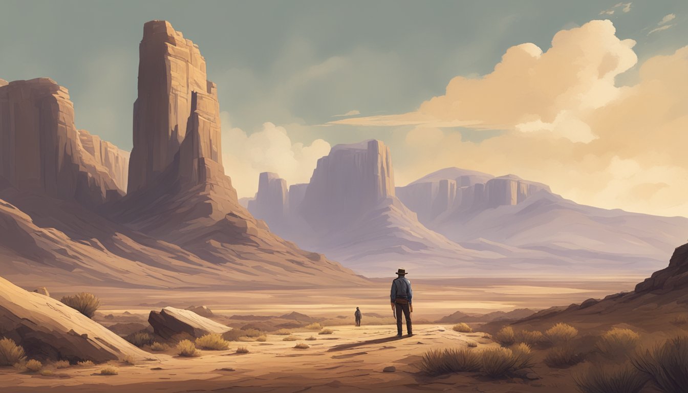 A rugged, desolate Western landscape with a lone figure standing tall, exuding a sense of stoic determination and resilience