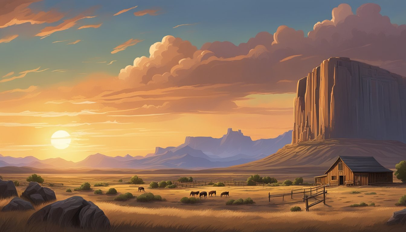 A rugged Western landscape with a sprawling ranch and a looming tomb, set against a dramatic sunset