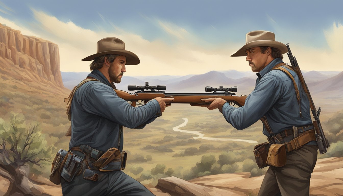 A showdown between Dutton and Quigley, each displaying their expert marksmanship with rifles, set against a rugged Western landscape